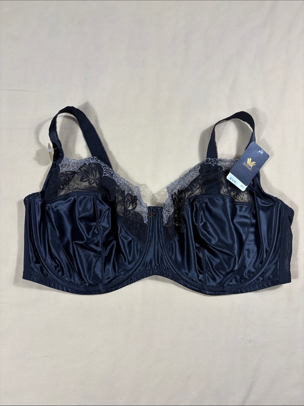 NWT Wacoal Full Bloom Full Figure Underwire Bra Navy Satin Lace 42G